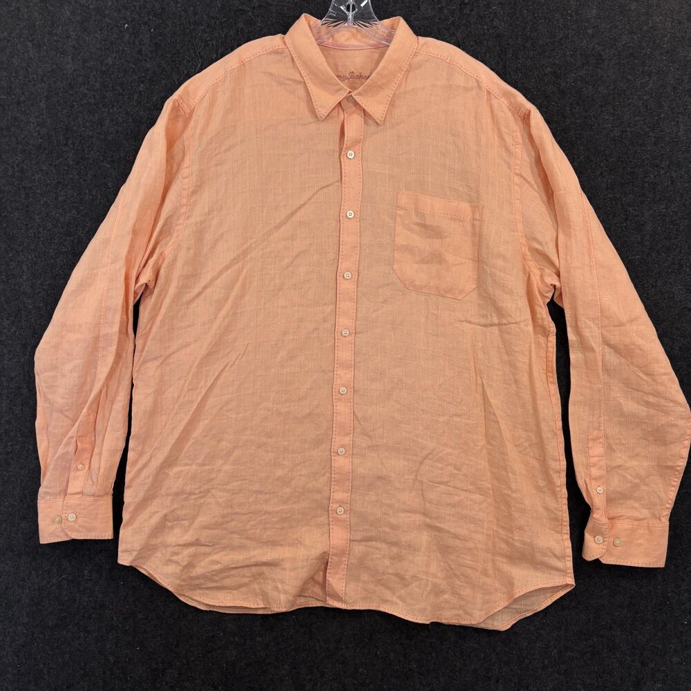 Tommy Bahama Grid Costa Sera Shirt Men's Big 2XLT Orange 100% Linen Pocket